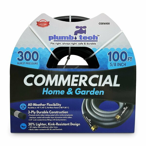 Plumb Tech 5/8-in. x 100' Black Nitrile Rubber Multi-Purpose Hot/Cold Water Hose, Home & Garden, 300 PSI CGE16100